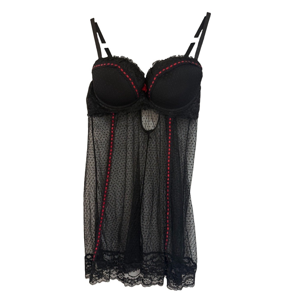 Body Jewels Black Mesh Polka Dot Babydoll Lingerie Chemise Red Ribbon Medium